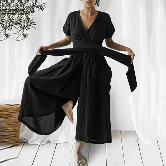 Baqcunre Women's Casual V Neck Solid Color Cotton and Linen Loose Belt Romper,Color Black,Size S-XXL