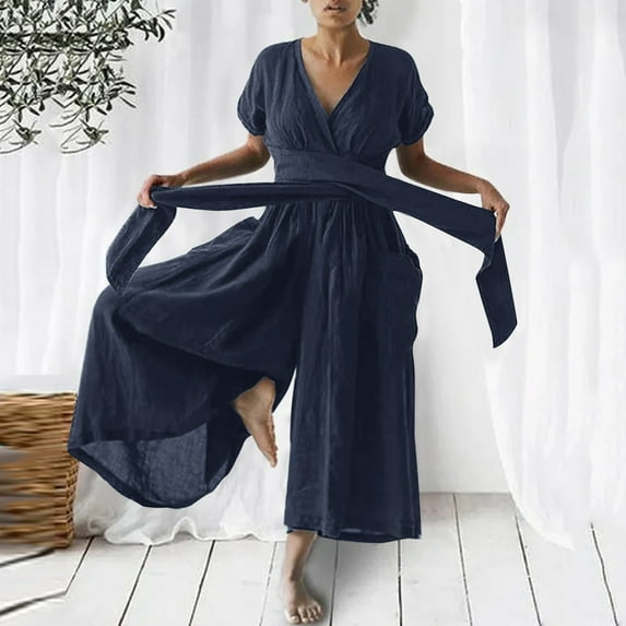 Baqcunre Women's Casual V Neck Solid Color Cotton and Linen Loose Belt Romper,Color Blue,Size S-XXL