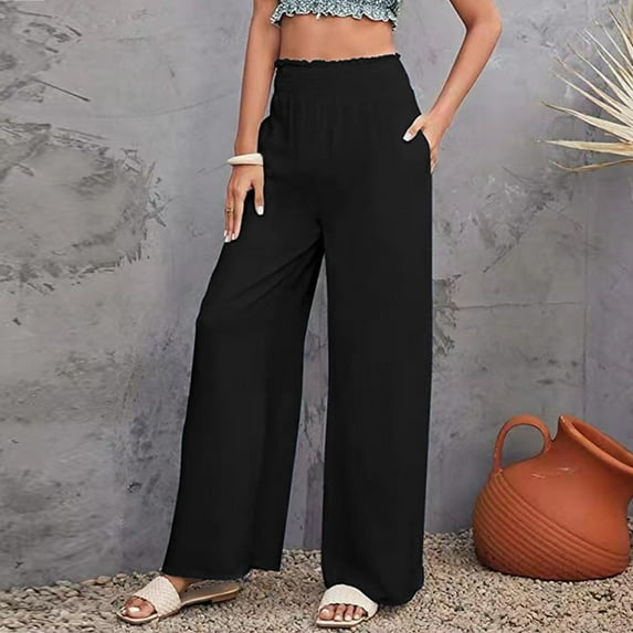 Baqcunre Women's Casual Wide Leg Cotton Hemp Burst Loose Trousers ,Color Black,Size S-XXL