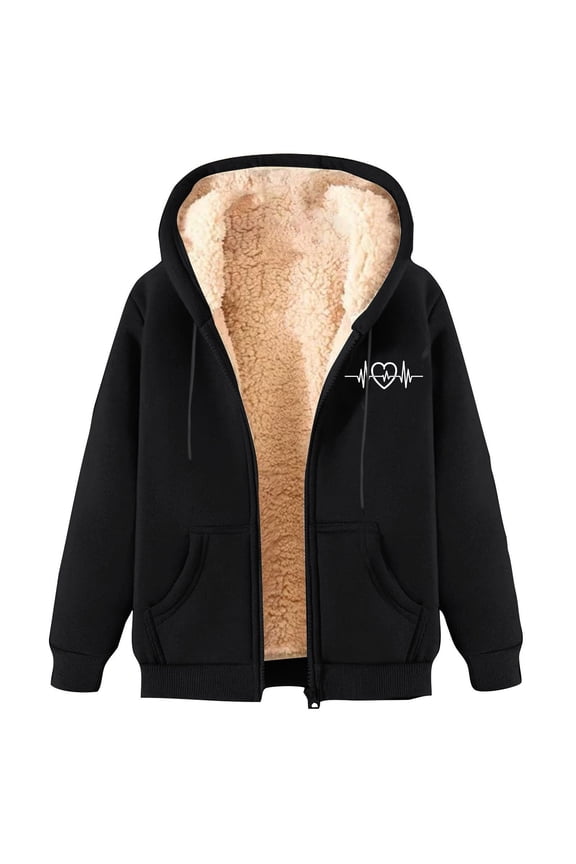 Women's Clothing, Lamb Wool Coat Winter Thick Warm Solid Color Hooded Plus Size Coat Valentines Day Gifts, 1Pc Jacket Black L