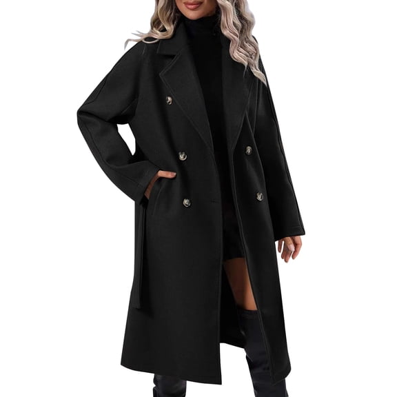 Baqcunre Women's Clothing, Plus Size Long Coats for Women Notched Lapel Winter Warm Double Breasted Coat Valentines Day Gifts, 1Pc Jacket Black S