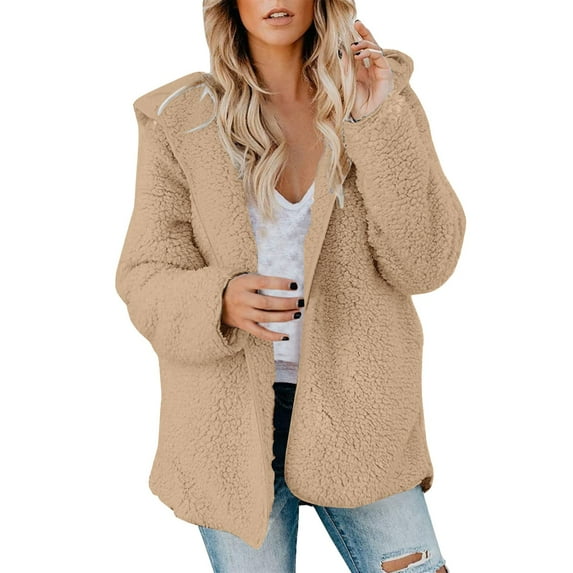 Baqcunre Women's Clothing, Womens Fuzzy Fleece Jacket Open Front Hooded Cardigan Sherpa Outerwear Warm Coats with Pockets Valentines Day Gifts, 1Pc Jacket Khaki L