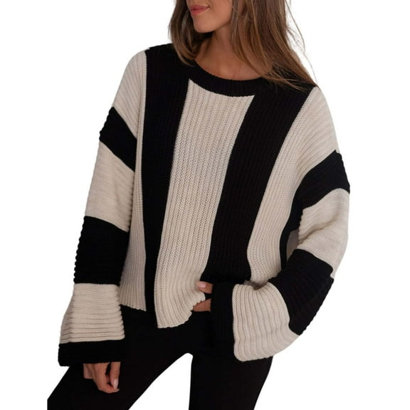 Baqcunre Women's Clothing, Womens Striped Bell Sleeve Pullover Sweater Loose Color Block Crew Neck Vertical Knitwear Valentines Day Gifts, 1Pc Top Black M