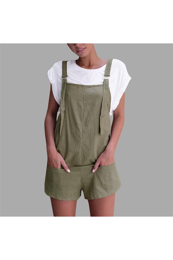 Women's Comfortable Casual Suspender Shorts Solid Color Overalls with Pockets,Color Green,Size S-XL