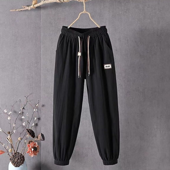 Baqcunre Women's Cotton Linen Harlan Leggings Loose and Slimming Cropped Pants Oversized Pants,Size L,Womens Sweatpants,Pants for Women,Joggers for Women,Women's Pants,Women Clothing,Black