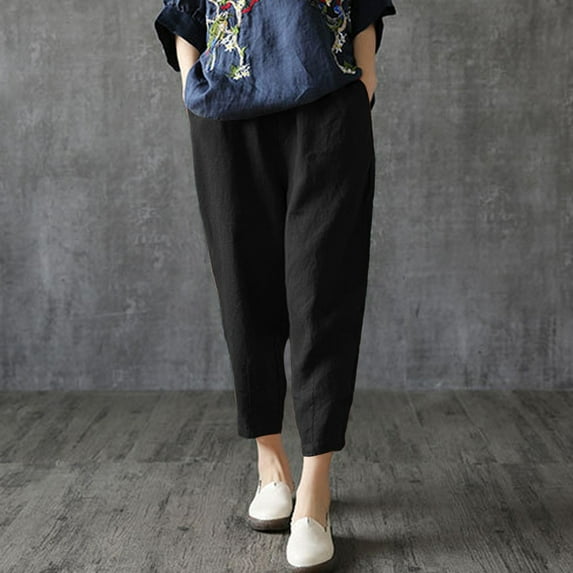 Baqcunre Women's Cotton and Linen Solid Color Haren Pants with Elastic Waist,Color Black,Size M-4XL