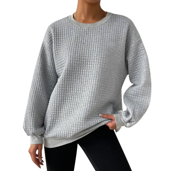 Baqcunre Women's Crew-Neck Three-Dimensional Plaid Fabric Solid Color Long Sleeve Hoodless Sweatshirt Womens Tops Crewneck Sweatshirts Sweatshirt for Women Womens Sweatshirt Grey Xxl