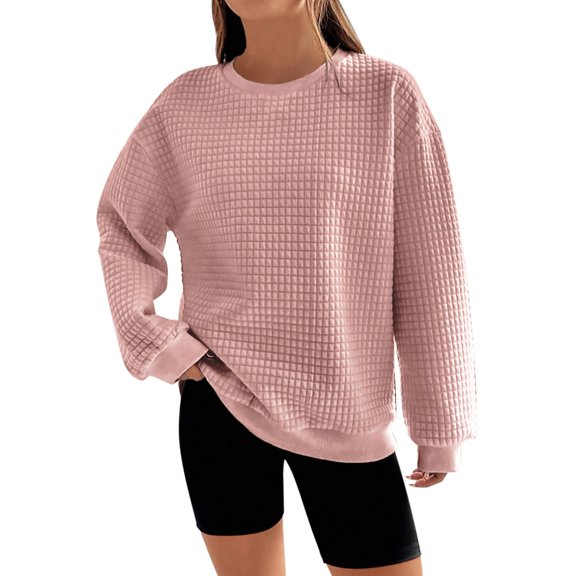 Baqcunre Women's Crew-Neck Three-Dimensional Plaid Fabric Solid Color Long Sleeve Hoodless Sweatshirt Womens Tops Crewneck Sweatshirts Sweatshirt for Women Womens Sweatshirt Pink Xl