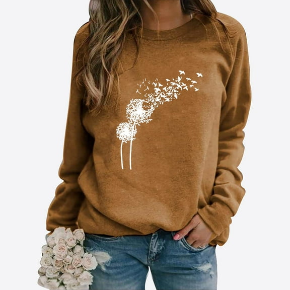 Baqcunre Women's Dandelion Print Long Sleeve Casual Fashion Hoodie Top Womens Tops Crewneck Sweatshirts Graphic Sweatshirts for Women Womens Sweatshirt Khaki M