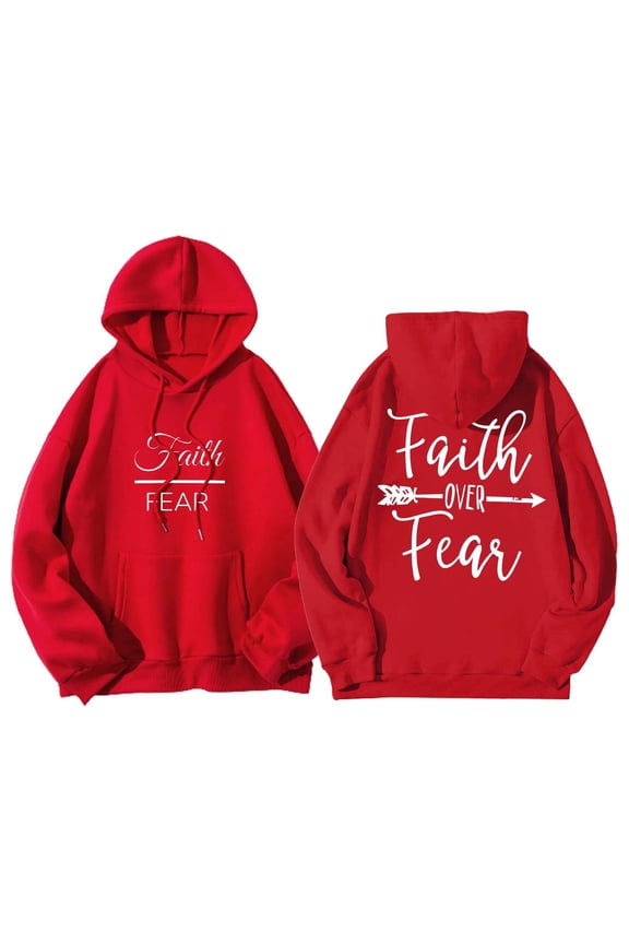 Women's "Faith Over Fear" Letter Print Long Sleeve Drawstring Pullover Hoodie with Pockets Comfy Hoodie Womens Hoodies Graphic Hoodie Womens Sweatshirt Red Xxl
