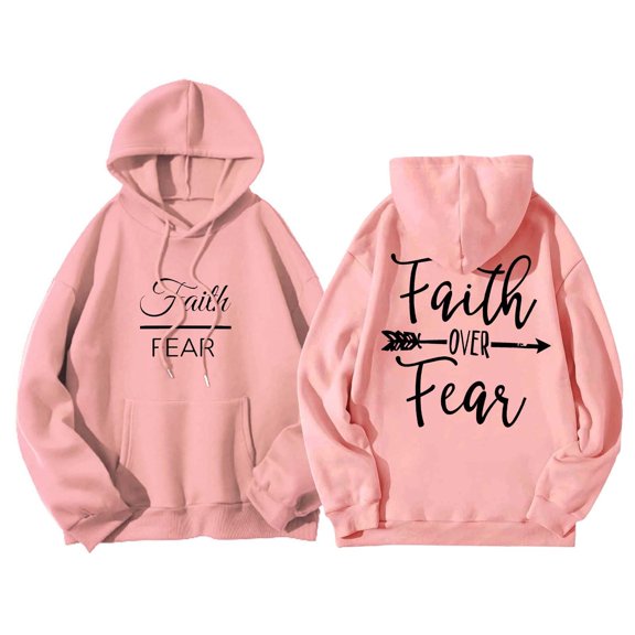 Baqcunre Women's "Faith Over Fear" Letter Print Long Sleeve Drawstring Pullover Hoodie with Pockets Comfy Hoodie Womens Hoodies Graphic Hoodie Womens Sweatshirt Pink L
