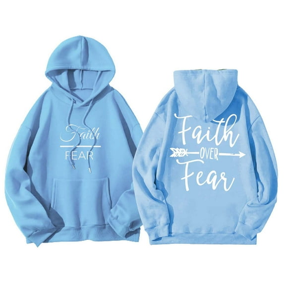 Baqcunre Women's "Faith Over Fear" Letter Print Long Sleeve Drawstring Pullover Hoodie with Pockets Comfy Hoodie Womens Hoodies Graphic Hoodie Womens Sweatshirt Sky Blue M