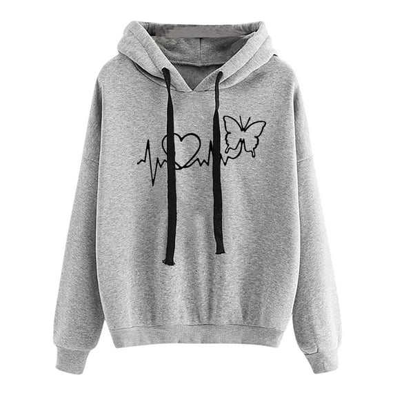 Baqcunre Women's Fashion Ecg Love Butterfly Print Comfortable Long Sleeve Hoodie Womens Tops Graphic Hoodie Hoodies for Women Womens Sweatshirt,Grey,3Xl