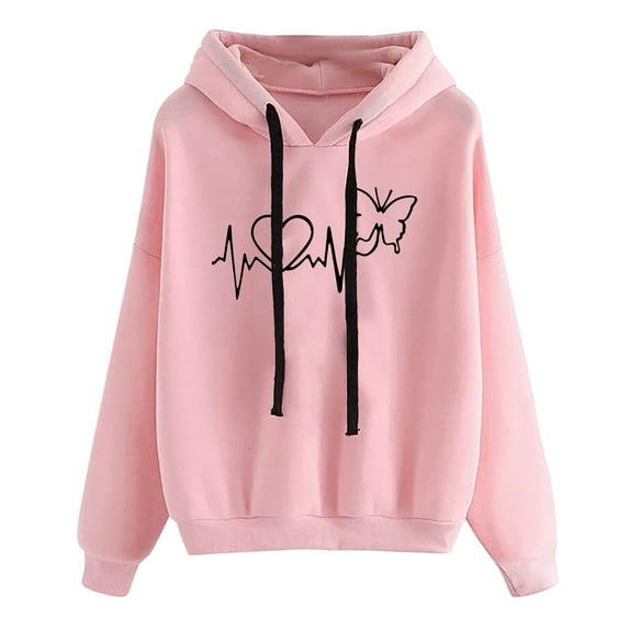 Baqcunre Women's Fashion Ecg Love Butterfly Print Comfortable Long Sleeve Hoodie Womens Tops Graphic Hoodie Hoodies for Women Womens Sweatshirt,Pink,Xxl