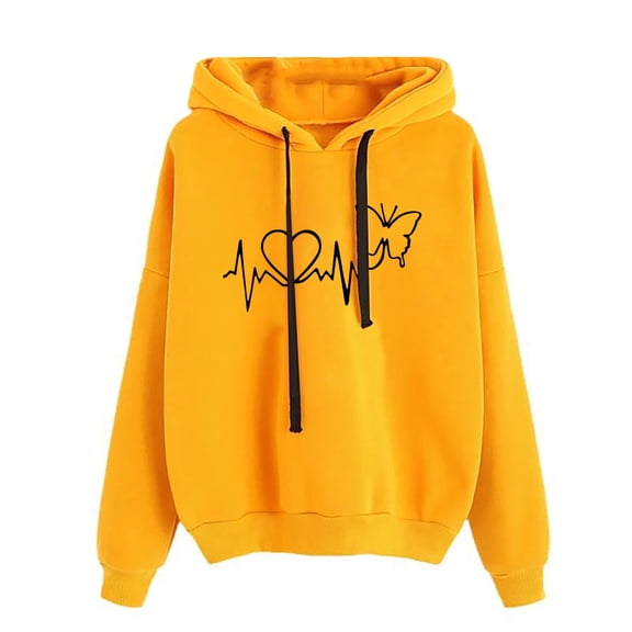 Baqcunre Women's Fashion Ecg Love Butterfly Print Comfortable Long Sleeve Hoodie Womens Tops Graphic Hoodie Hoodies for Women Womens Sweatshirt,Yellow,M