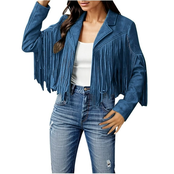 Baqcunre Women's Fashion Solid Color Fringe Suede Leather Jacket Motorcycle Short Jacket Women Clothing Leather Jacket Crop Tops for Women,Womens Winter Coats Dark Blue M