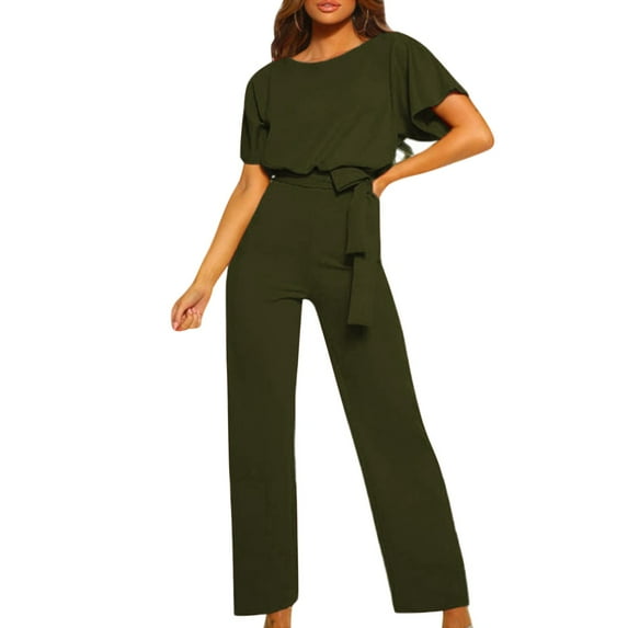 Baqcunre Women's Fashion Solid Color Lace Up Button Short Sleeved Jumpsuit,XXL,Jumpsuits For Women Casual,Womens Jumpsuit,One Piece Jumpsuit,Pants For Women,Womens Clothes,Army Green