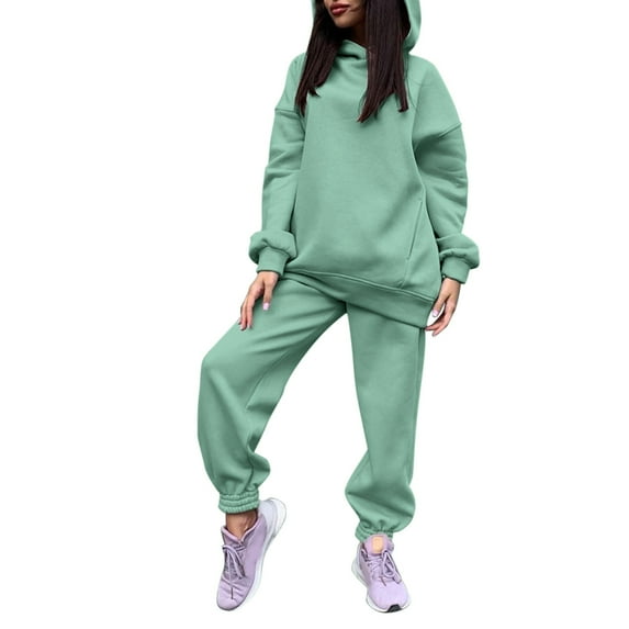 Baqcunre Women's Hooded Long-Sleeved Patchwork Sweatshirt and Solid Sweatpant Sets Size S-XL,Sweat Set for Women Fall Outfits Women Trendy Womens Fashion Two Piece Sets for Women Green