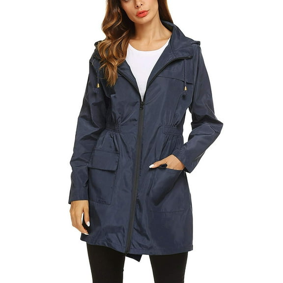 Baqcunre Women's Hooded Waterproof Mid-Length Solid Color Raincoat With Sun Protection Sports & Outdoors Rain Jacket Women Long Coat Women,Womens Winter Coats Navy Xl