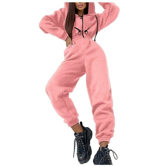 Baqcunre Women's Hoodie Zipper Drawstring Jacket and Elastic Pencil Jumpsuit Two Piece Sets ,Color Pink,Size S-XL