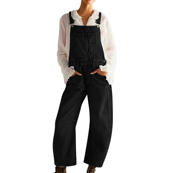 Baqcunre Women's Jumpsuit, Women Casual Denim Bib Overalls Baggy Barrel Jeans Y2k Wide Leg Denim Jumpsuit Mid Harem Pants Black L