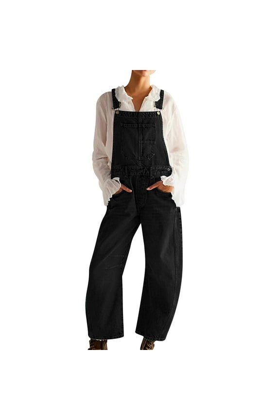 Women's Jumpsuit, Women Casual Denim Bib Overalls Baggy Barrel Jeans Y2k Wide Leg Denim Jumpsuit Mid Harem Pants Black L