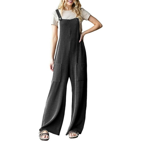 Baqcunre Women's Jumpsuit, Women's Casual Jumpsuits Ribbed Front Pocket Loose Overalls Sleeveless Wide Leg Long Pant Rompers Dark Gray XL
