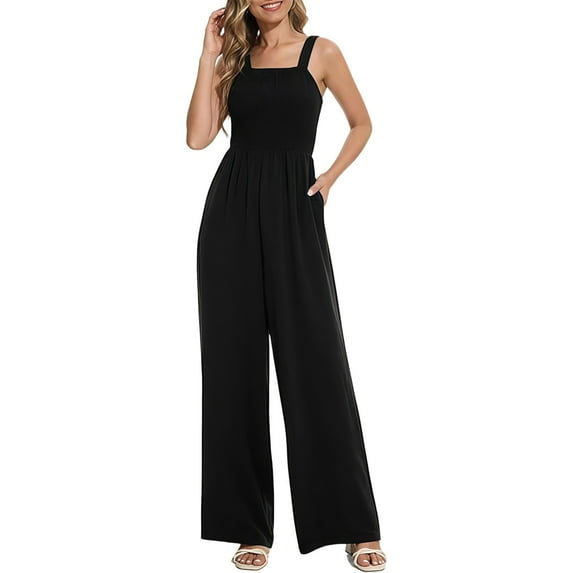 Baqcunre Women's Jumpsuit, Women's Petite Regular Tall Casual Loose Overalls Jumpsuits Sleeveless Wide Leg Pants Rompers Black L