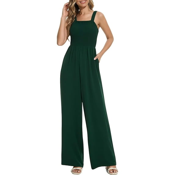 Baqcunre Women's Jumpsuit, Women's Petite Regular Tall Casual Loose Overalls Jumpsuits Sleeveless Wide Leg Pants Rompers Green S