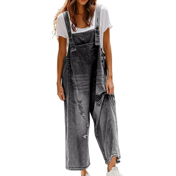 Baqcunre Women's Jumpsuit, Womens Casual Classic Blue Daily Vintage Denim Long Pants Overalls Jumpsuit Gray L