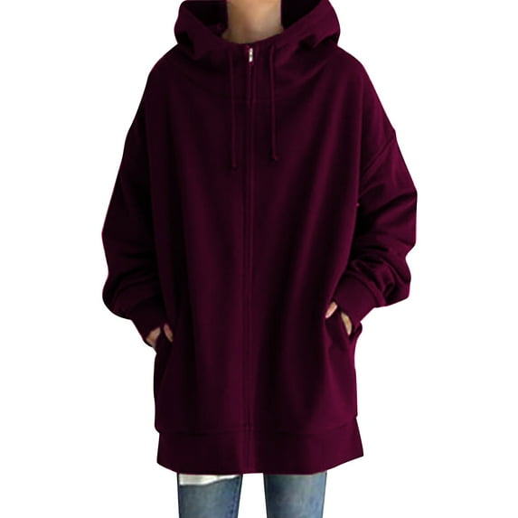 Baqcunre Women's Ladies Solid Color Personality Streetweat Hoodie Zipper Long Plus Fleece Coat Women Clothing Womens Hoodies Zip Up Hoodie Women Womens Sweatshirt Purple S