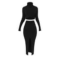 thumbnail image 1 of Baqcunre Women's Long Sleeve High Neck Solid Knitted Sweater High Waist Front Split Dress Set Cocktail Dress Womens Dresses Bodycon Dresses for Women Long Sleeve Dress for Women,Black,Size XL, 1 of 7