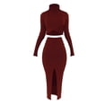 thumbnail image 1 of Baqcunre Women's Long Sleeve High Neck Solid Knitted Sweater High Waist Front Split Dress Set Cocktail Dress Womens Dresses Bodycon Dresses for Women Long Sleeve Dress for Women,Red,Size XXL, 1 of 6