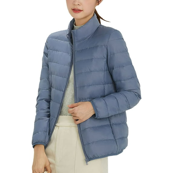Baqcunre Women's Long Sleeve Quilted Stand-Up Collar Solid Light Wight Down Jacket Womens Winter Coats Puffer Jacket Jackets for Women Coats for Women Navy L