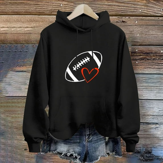 Baqcunre Women's Long-Sleeved Loose Rugby Print Hoodie with Pockets Womens Tops Graphic Hoodie Hoodies for Women Womens Sweatshirt,Black,S