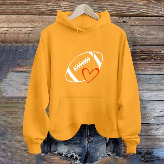 Baqcunre Women's Long-Sleeved Loose Rugby Print Hoodie with Pockets Womens Tops Graphic Hoodie Hoodies for Women Womens Sweatshirt,Yellow,L