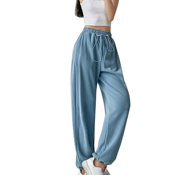 Baqcunre Women's Loose Long Drawstring Lace Up Elastic Waist Solid Color Sweatpants,Size S-XL,Womens Sweatpants,High Waisted Pants for Women,Women's Pants,Womens Clothes,Color Blue