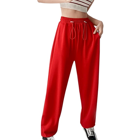 Baqcunre Women's Loose Long Drawstring Lace Up Elastic Waist Solid Color Sweatpants,Size S-XL,Womens Sweatpants,High Waisted Pants for Women,Women's Pants,Womens Clothes,Color Red