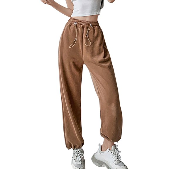 Baqcunre Women's Loose Long Drawstring Lace Up Elastic Waist Solid Color Sweatpants,Size S-XL,Womens Sweatpants,High Waisted Pants for Women,Women's Pants,Womens Clothes,Color Khaki