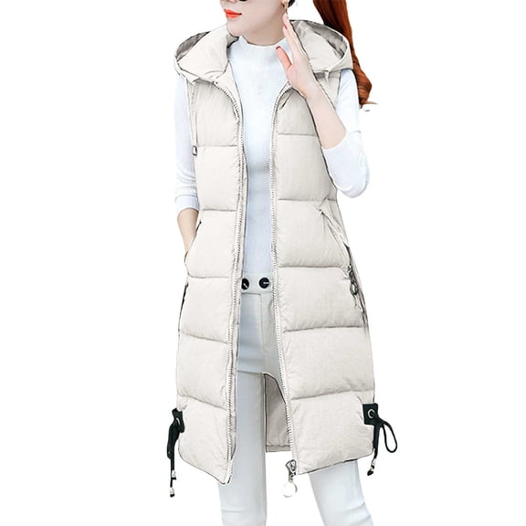 Baqcunre Women's Loose Medium Long Cotton Vest Thick Warm Hooded Cotton Coat Vests for Women 2023 Quilted Jackets for Women Trench Coat for Women 2023 Coats for Women Beige L