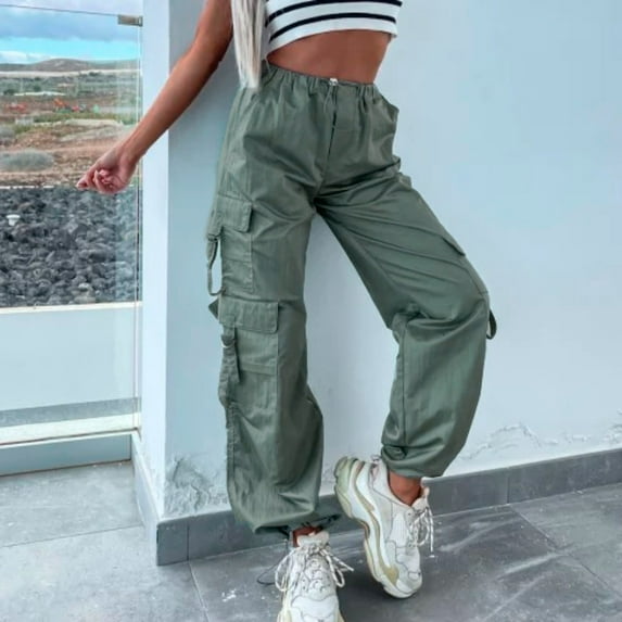 Baqcunre Women's Loose Retro Multi Pocket Low Waist Drawstring Pig Nose Buckle Slim Straight Woven Casual Pants,Size L,Cargo Pants Women,Womens Fashion,Wide Leg Pants Woman,Women's Pants,,Green