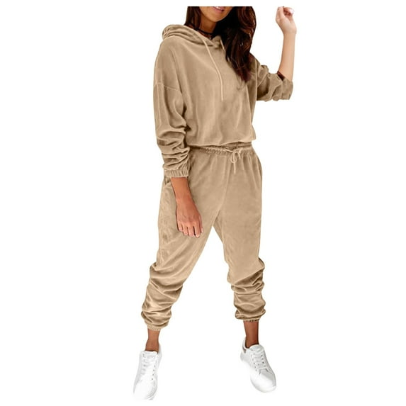 Baqcunre Women's Loose Solid Color Hooded Fleece Hoodie and Trousers Set,Color Brown,Size S-XXL