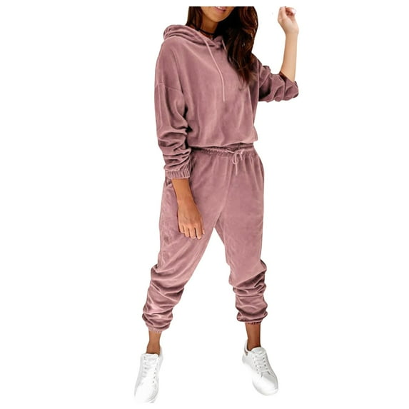 Baqcunre Women's Loose Solid Color Hooded Fleece Hoodie and Trousers Set,Color Pink,Size S-XXL