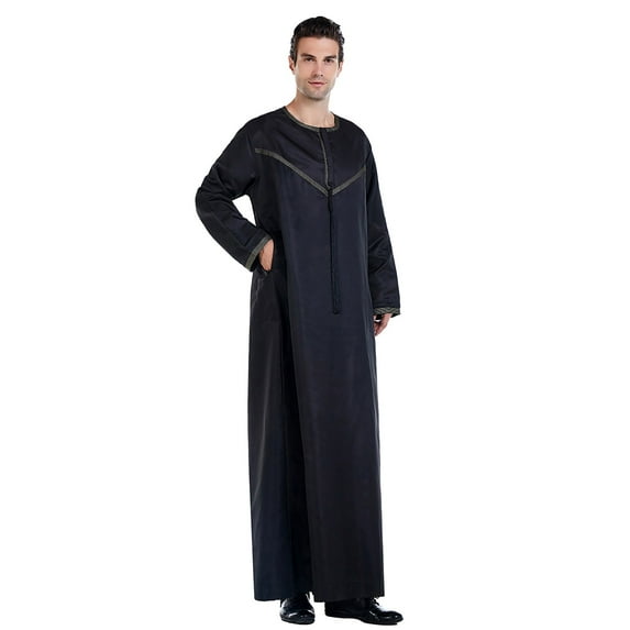 Baqcunre Women's Muslim Arab Middle Solid Color Stand Collar Robe Mens Clothes Mens Robe Maxi Dress for Women Mens Long Sleeve Shirt,Black Dresses,Size XL