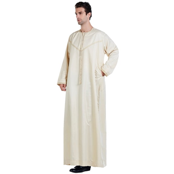 Baqcunre Women's Muslim Arab Middle Solid Color Stand Collar Robe Mens Clothes Mens Robe Maxi Dress for Women Mens Long Sleeve Shirt,Beige Dresses,Size L