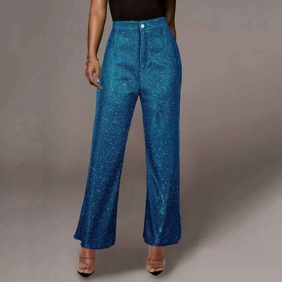 Baqcunre Women's New Sequin Solid Color High-Waisted Retro Pants Size S-XXL,Womens Fashion Wide Leg Pants Woman Flare Pants for Women Women's Pants Blue