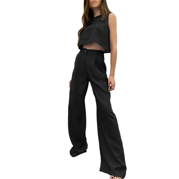 Baqcunre Women's New Solid Sleeveless Set,O Neck Vest and Wide Leg Trousers Set,Size S-4XL,Outfits for Women,Two Piece Sets for Women,Fall Outfits Women Trendy,Womens Clothes,Color Black