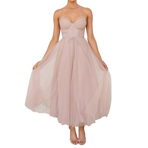 Baqcunre Women's New Temperament Sexy Sling Mesh Mid-Long Length Party Evening Dress Midi Dresses for Women formal Dress New Years Eve Dress Womens Dresses,Pink,Size S-Xl