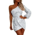 thumbnail image 1 of Baqcunre Women's One Shoulder Sleeveless Mini Dress Length Side Split Fashion Dress Sequin Dress Mini Dress Dresses for Women 2023 Cocktail Dress Women's formal Dresses,Silver,Size XL, 1 of 8
