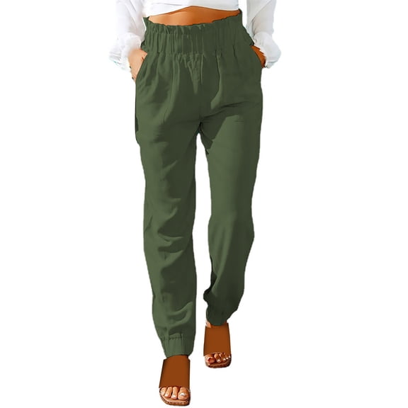Baqcunre Women's Plus-Size Solid Drawstring Pocket Loose Cotton Hemp Pants,Size S-3XL,Womens Sweatpants,Womens Joggers With Pockets,Women's Pants,Womens Clothes,Color Green